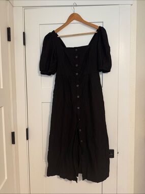 Old Navy Black Button-Front Midi Dress with Puff Sleeves